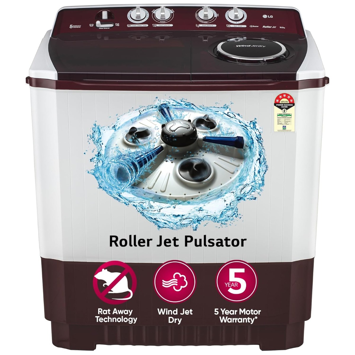 LG 10.5 kg 5 Star Wind jet dry Semi-Automatic Top Load Washing Machine (P105ASRAZ)