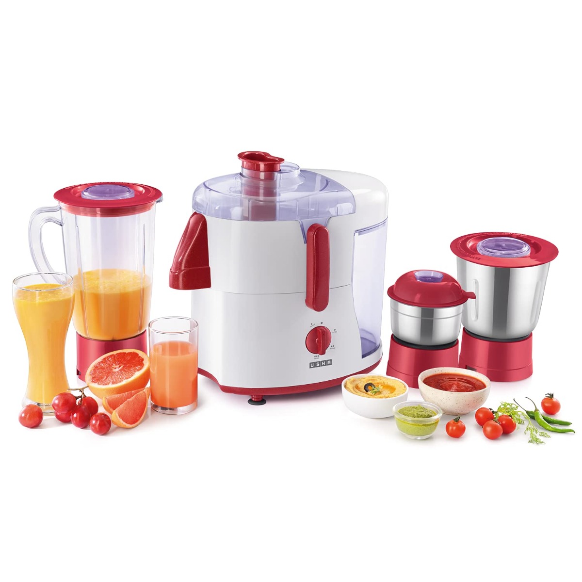 USHA JUICER MIXER GRINDER WITH 3 JARS 0500XJ3 SPARKLE RED